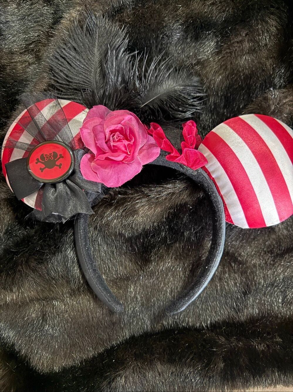 Disney Parks Pirates of The Caribbean Striped Feather Minnie Ears Headband Pink
